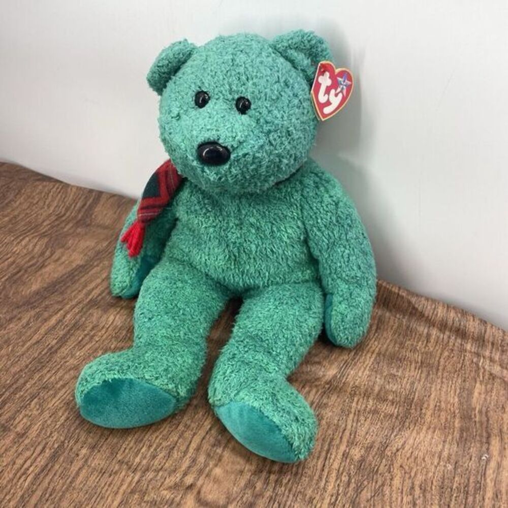 Vintage Ty Beanie Buddy Wallace Plush Stuffed Animal Green Bear Red‎ Scarf 2000